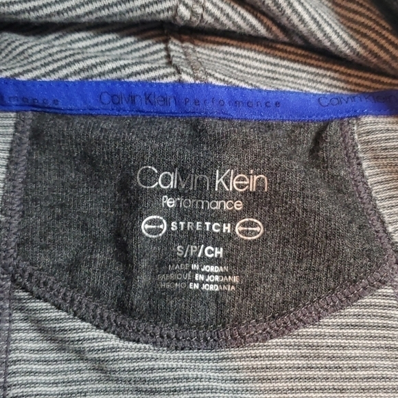 Calvin Klein Cowl Neck Faux Wrap Split Front Gray & White Micro Stripe Top Small - Picture 6 of 9